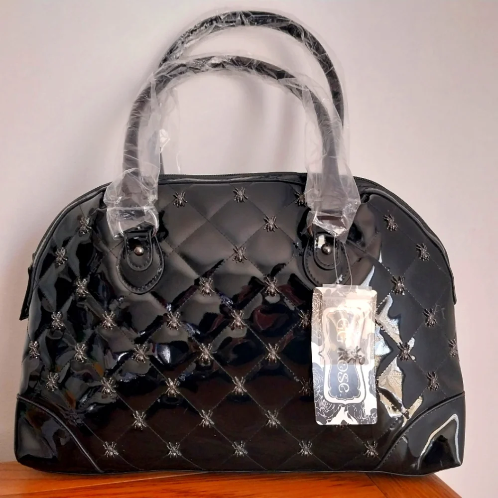 GG Rose Rock Rebel goth black vinyl quilted spider purse - Picture 1 of 11